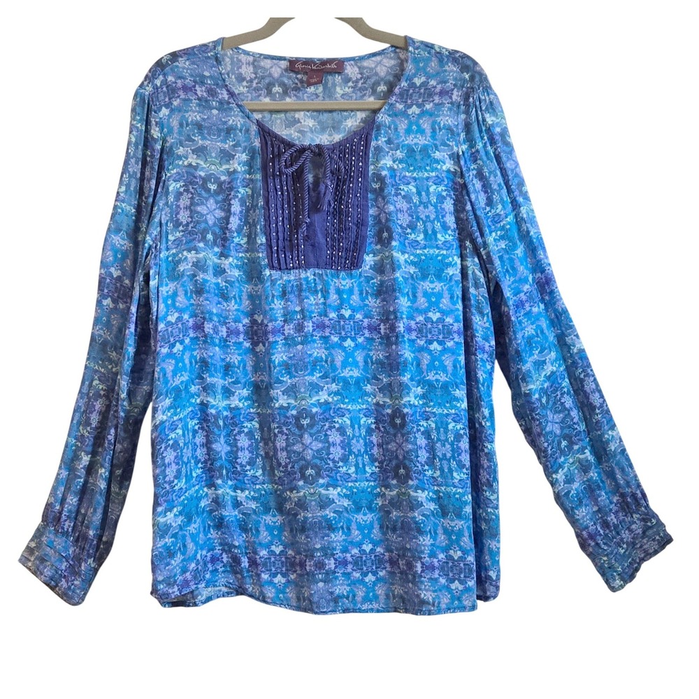 Boho Gypsy Gloria Vanderbilt Blue Purple Kaleidoscope Beaded Tie Neck Top Large